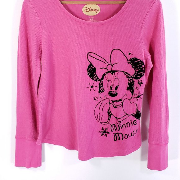Minnie Mouse Disney Graphic T-Shirt Pink Long Sleeve Waffle Junior's Large - Picture 2 of 7